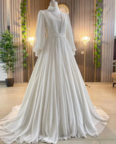 Modest Long Sleeve Muslim Wedding Gowns High Neck Beaded Chiffon A Line Arabic Women Bridal Dress Hochzeitskleider